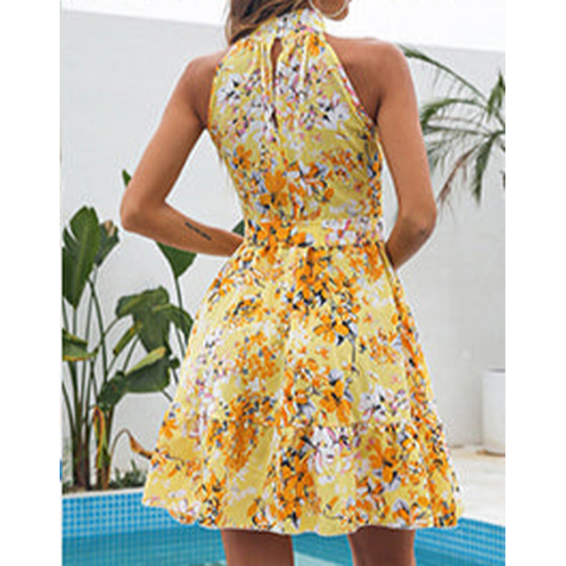 New Flowers Print Halterneck Dress Summer Fashion Temperament Lace-Up Ruffled Dresses for Women