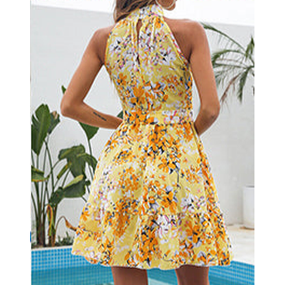 New Flowers Print Halterneck Dress Summer Fashion Temperament Lace-Up Ruffled Dresses for Women
