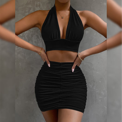 2Pcs Dress Suits for Women Halter Lace-Up Hip Top and Pleated Hip-Covering Skirt